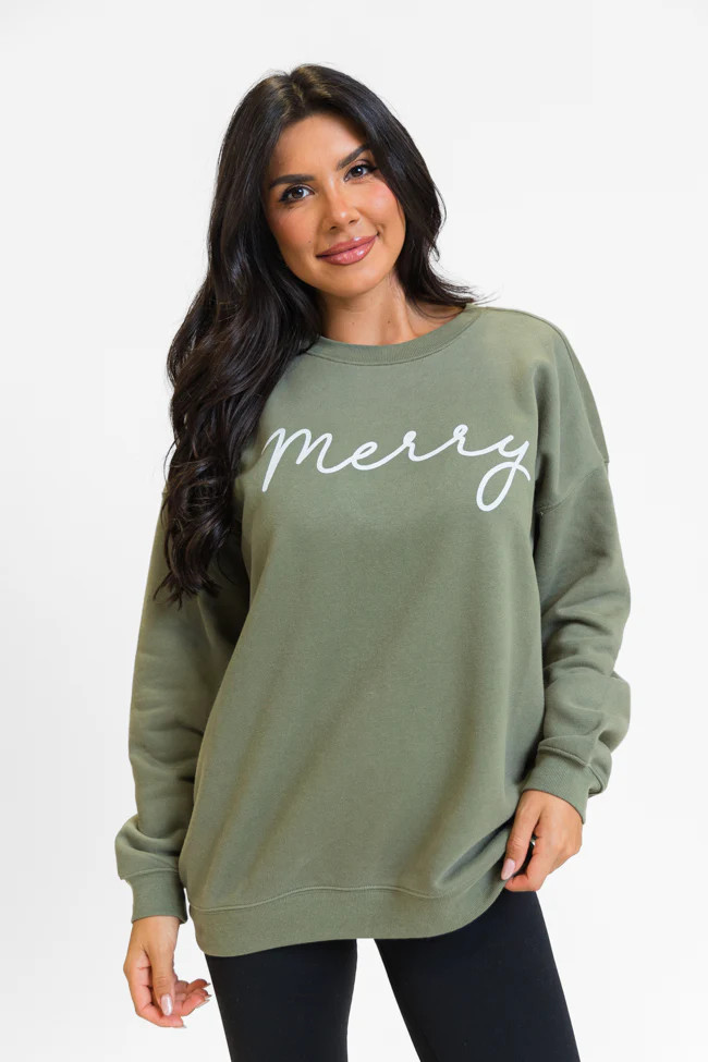 Merry Script Olive Oversized Graphic Sweatshirt DOORBUSTER | Pink Lily