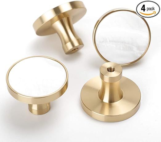 RZDEAL 4Pcs 1-1/4"(32mm) Solid Brass Kitchen Cabinets Knobs White Shell Decorated Brushed Gold Wa... | Amazon (US)