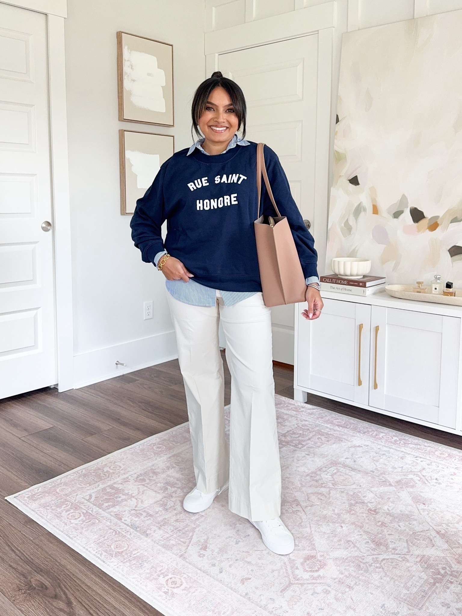 Teacher & Office Casual Outfits 
Navy sweatshirt size xs petite TTS
Blue stripe button down size petite xs TTS
Ivory natural pants size 26 petite TTS
White sneakers size 6 TTS


#LTKSaleAlert #LTKWorkwear #LTKPetite