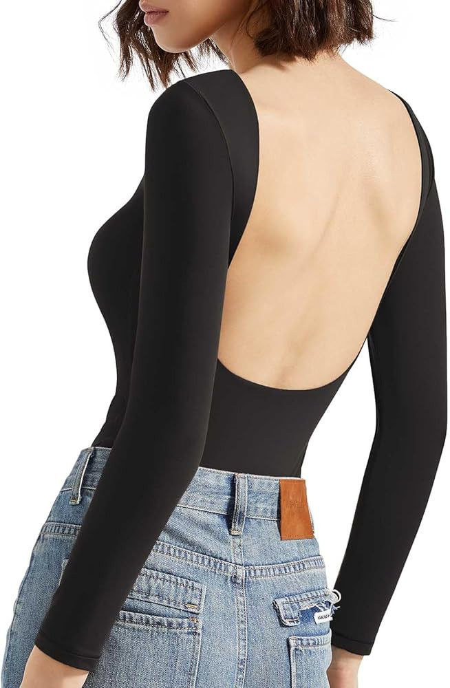 SUUKSESS Women Backless Y2k Long Sleeve Bodysuit Double Lined Open Back Sexy Basic Top | Amazon (US)