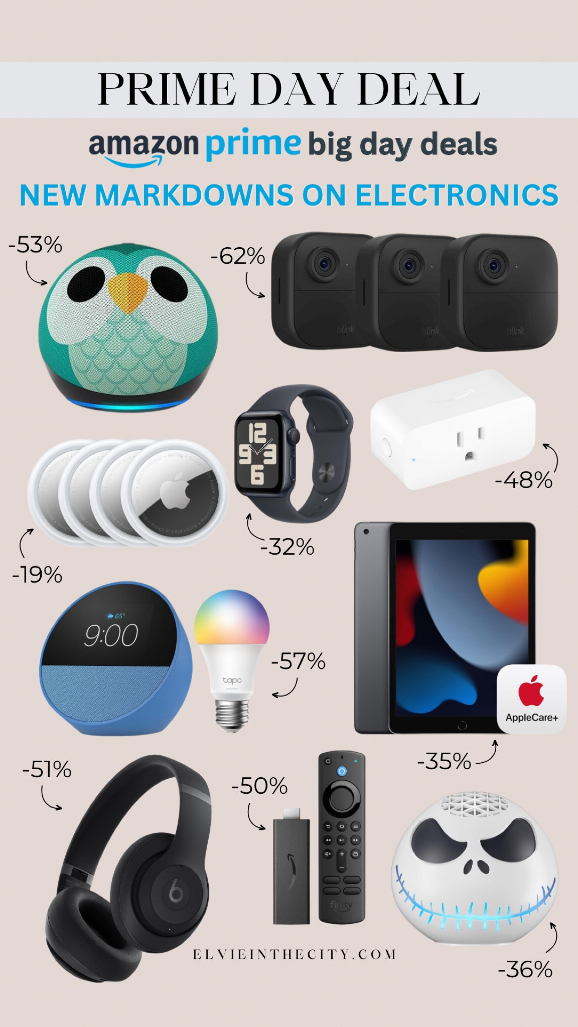 New markdowns on electronics during Amazon Prime Big Day Deals! Deals include echo dot, Blink cameras, Apple AirTags, an Apple Watch, a smart plug, Echo spot, an iPad, Beats Studio Pro, and a Fire TV Stick.

Amazon home, electronics sale, gifts for him, gifts for her, Christmas gift ideaas

#LTKFindsUnder100 #LTKxPrimeDay #LTKFindsUnder50