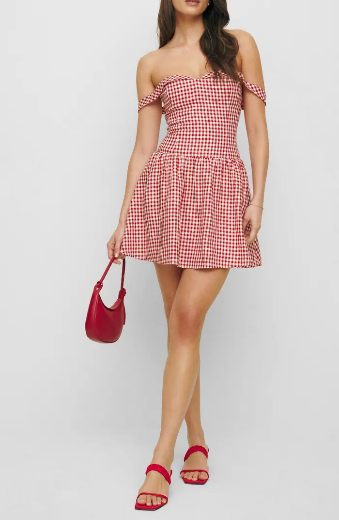 Sora Gingham Off the Shoulder Linen Minidress | Nordstrom