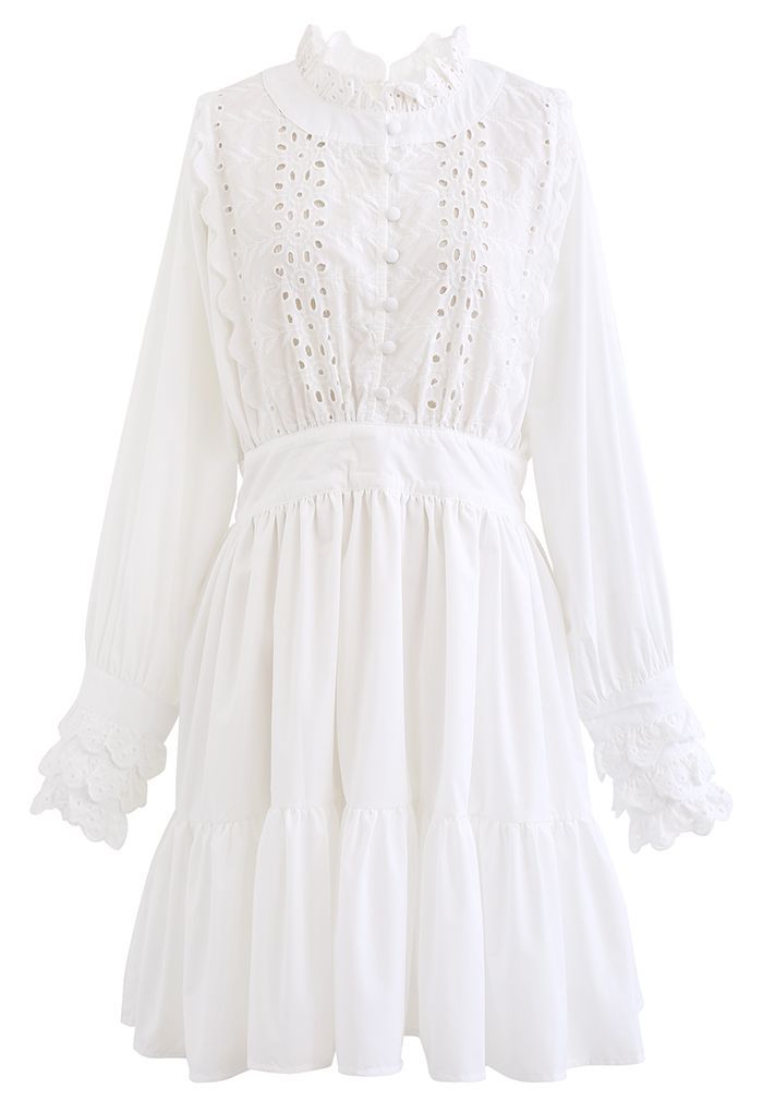 Embroidered Floral Eyelet Frilling Dress in White | Chicwish