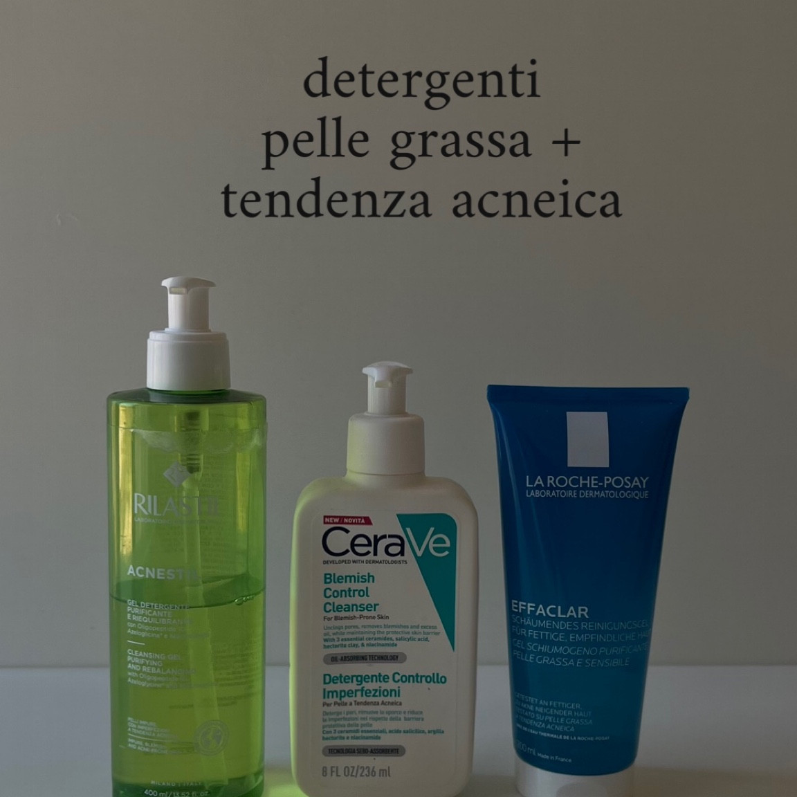 Detergenti per pelli grasse e/o a tendenza acneica ➡️

1. Acnestil detergente- Rilastil ➡️ deterge e purifica delicatamente la cute del viso senza impoverire il mantello idrolipidico cutaneo, è adatto anche alle pelli più sensibili e all’utilizzo sulle lesioni infiammate dell’acne.  (💡 strucca)

2. Blemish control cleanser -Cerave ➡️ contiene il 2% di acido salicilico, + argilla purificante che contribuisce a migliorare l'aspetto dei pori + ceramidi. 

3. Effaclar gel - La Roche Posay ➡️ acqua termale + zinco, regola in modo ottimo la lucidità della pelle grassa.

#LTKeurope #LTKbeauty