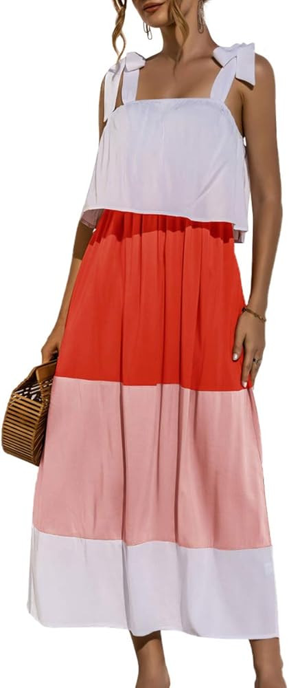 Snyank Women’s Summer Sleeveless Maxi Dress Tie Strap Shoulder Flowy Ruffle Hem A-Line Color Bl... | Amazon (US)