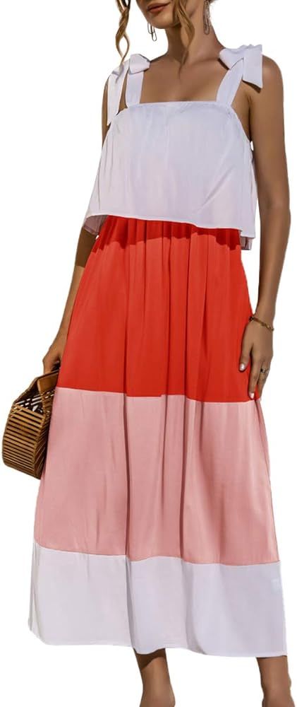 Snyank Women’s Summer Sleeveless Maxi Dress Tie Strap Shoulder Flowy Ruffle Hem A-Line Color Bl... | Amazon (US)