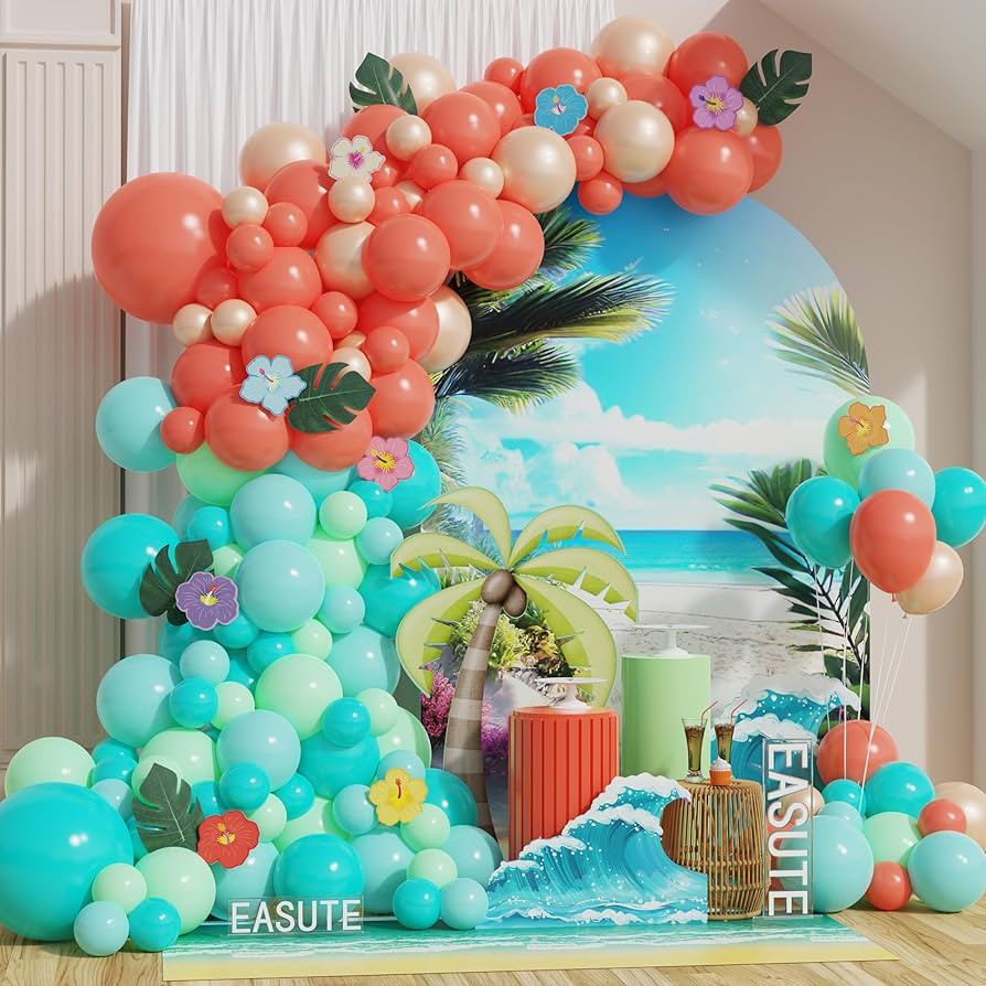 137pcs Moana Birthday Party Supplies, Aqua Blue Coral Pearl Champagne Gold Latex Balloons with Su... | Amazon (US)