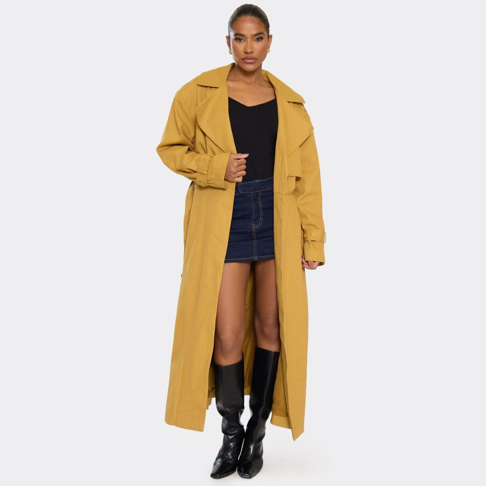 Maxi Belted Trench Coat In Mustard Brown Twill | EGO (UK)