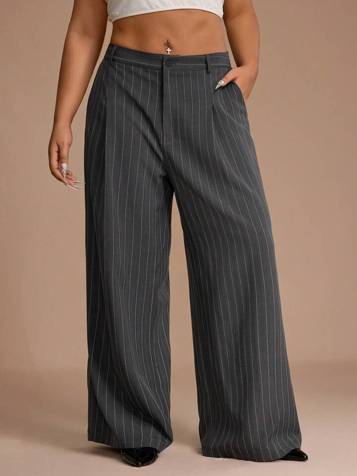 SHEIN Unity Women's Plus Size Grey Striped Suit Trousers/Office Commuting/Formal Wear/Wide Leg Trousers | SHEIN