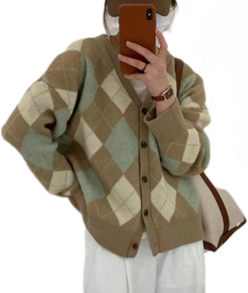 Women's Argyle Graphic Button Grandpa Sweater Vintage Y2k Aesthetic Fairy Grunge Clothes Plaid Pr... | Amazon (US)