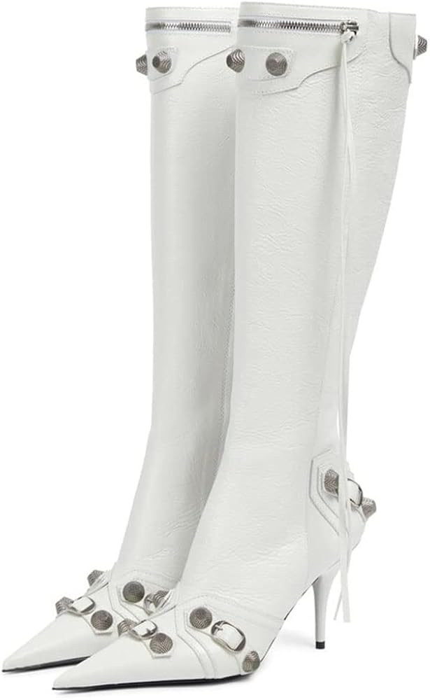 Oiamenne Knee High Boots for Women Fashion Slide Zipper Pointed Toe Stiletto Studded High Heel Ri... | Amazon (US)