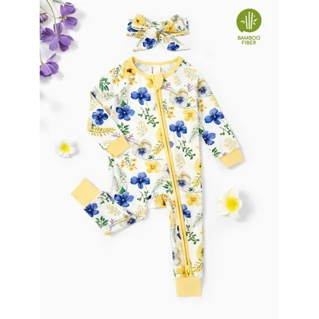 PatPat Baby Girl Outfit Bamboo Baby Pajamas Sleep N Play Snug Fit 2-Way Zipper Romper Floral Sleeper with Headbands Infant 12-18 Months | Walmart (US)