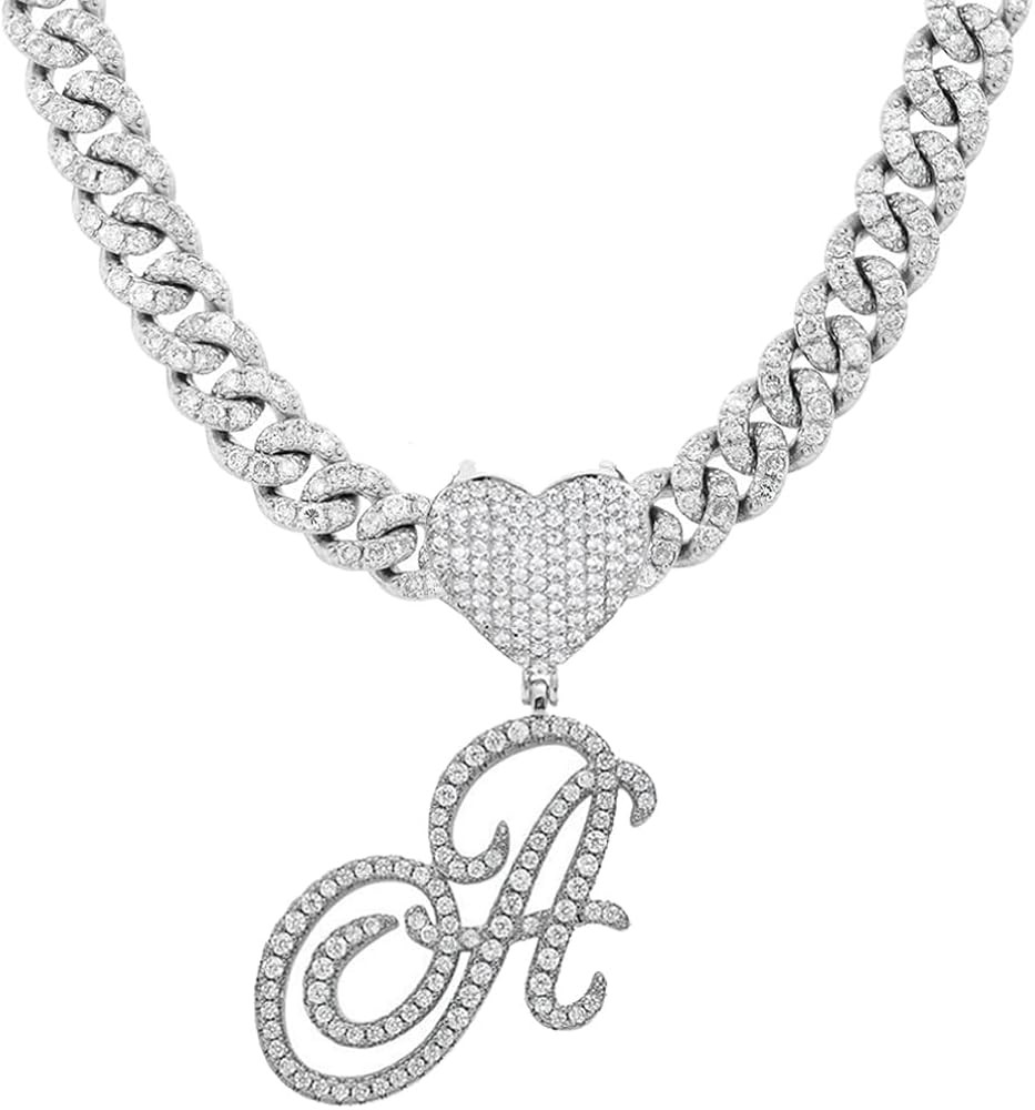 Initial Necklaces Silver Cuban Link Chain for Women Iced Out Chain with Heart Letter Pendants Cus... | Amazon (US)