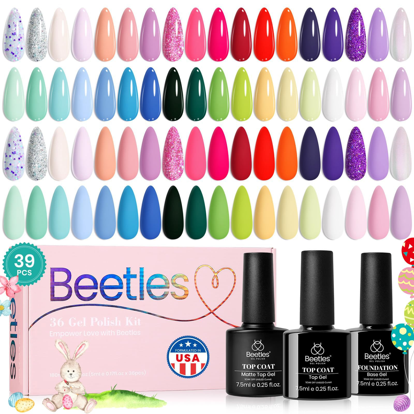 Beetles Gel Nail Polish Kit Trendy Colors,36 Colors with 3pcs Base Gel Glossy & Matte Top Coat, P... | Amazon (US)