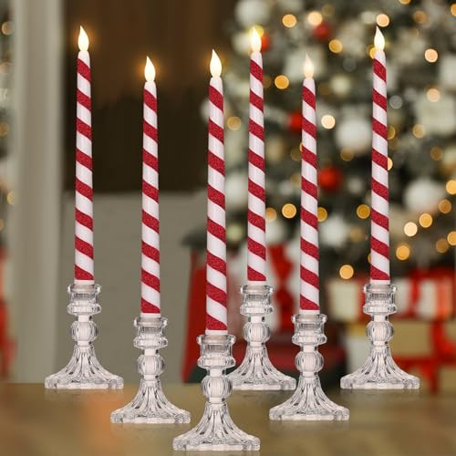 Baquler 6 Pcs Christmas Flameless Taper Candles 10. 6 Inch Glitter Candy Cane Candles Battery Operated LED Christmas Candlesticks for Xmas Centerpiece Holiday Party Decor | Amazon (US)