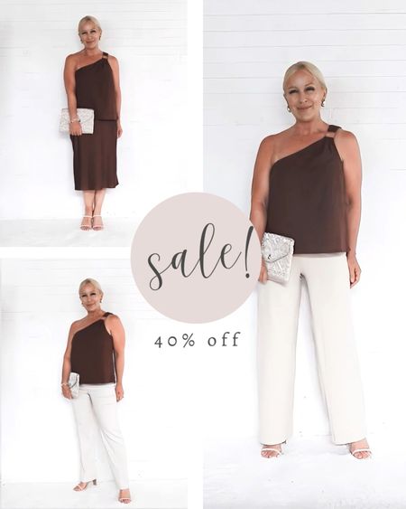 🤎 SALE! Mocha one shoulder top, mocha silk slip skirt, trousers are 40% off (Sophia trousers are VERY SLIM FIT so I am wearing the curvy fit in 4P)

#LTKOver40 #LTKStyleTip #LTKVideo