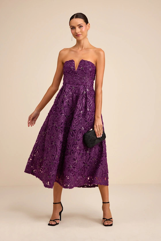 Ryla Purple Textured Sequin Strapless Midi Dress | Lulus