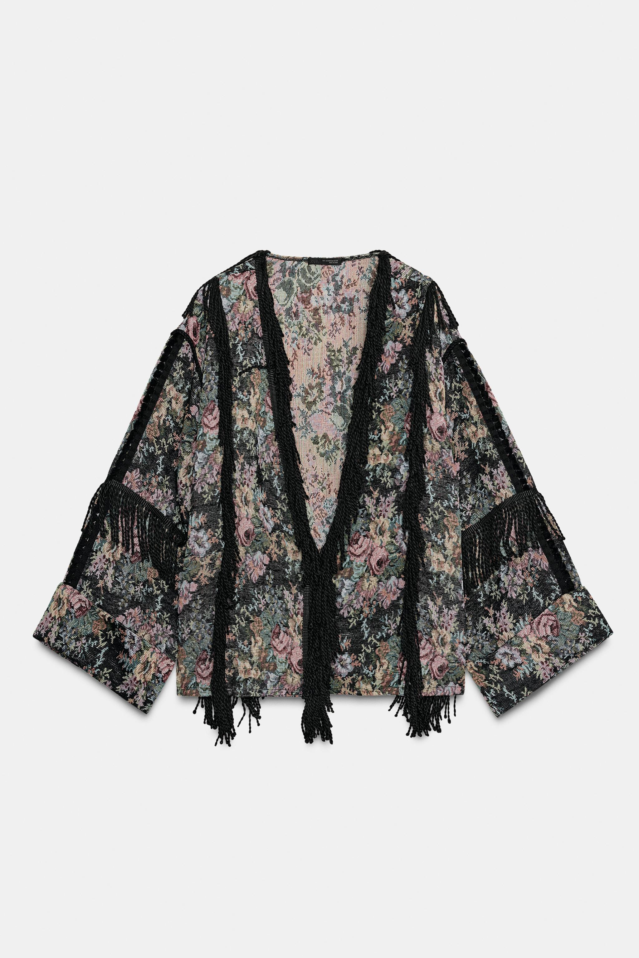 FLORAL JACQUARD FRINGE KIMONO | Zara US