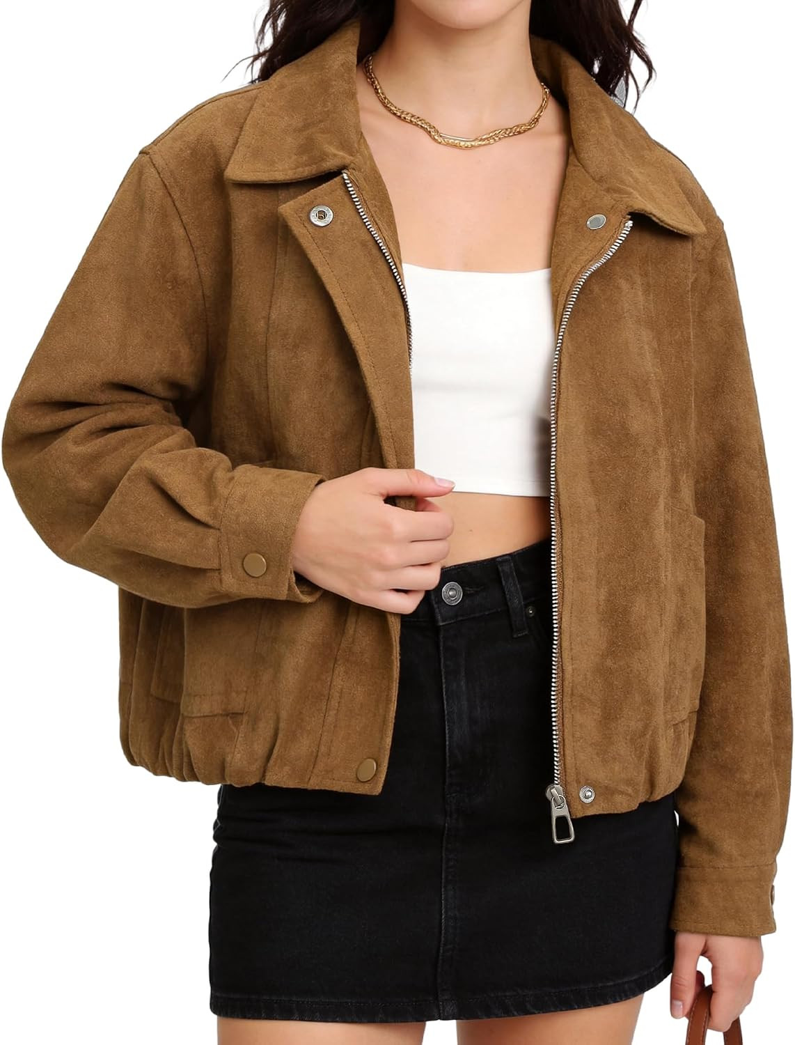 Avisky Womens Fall Cropped Jacket Faux Suede Bomber Jackets with Pockets | Amazon (US)