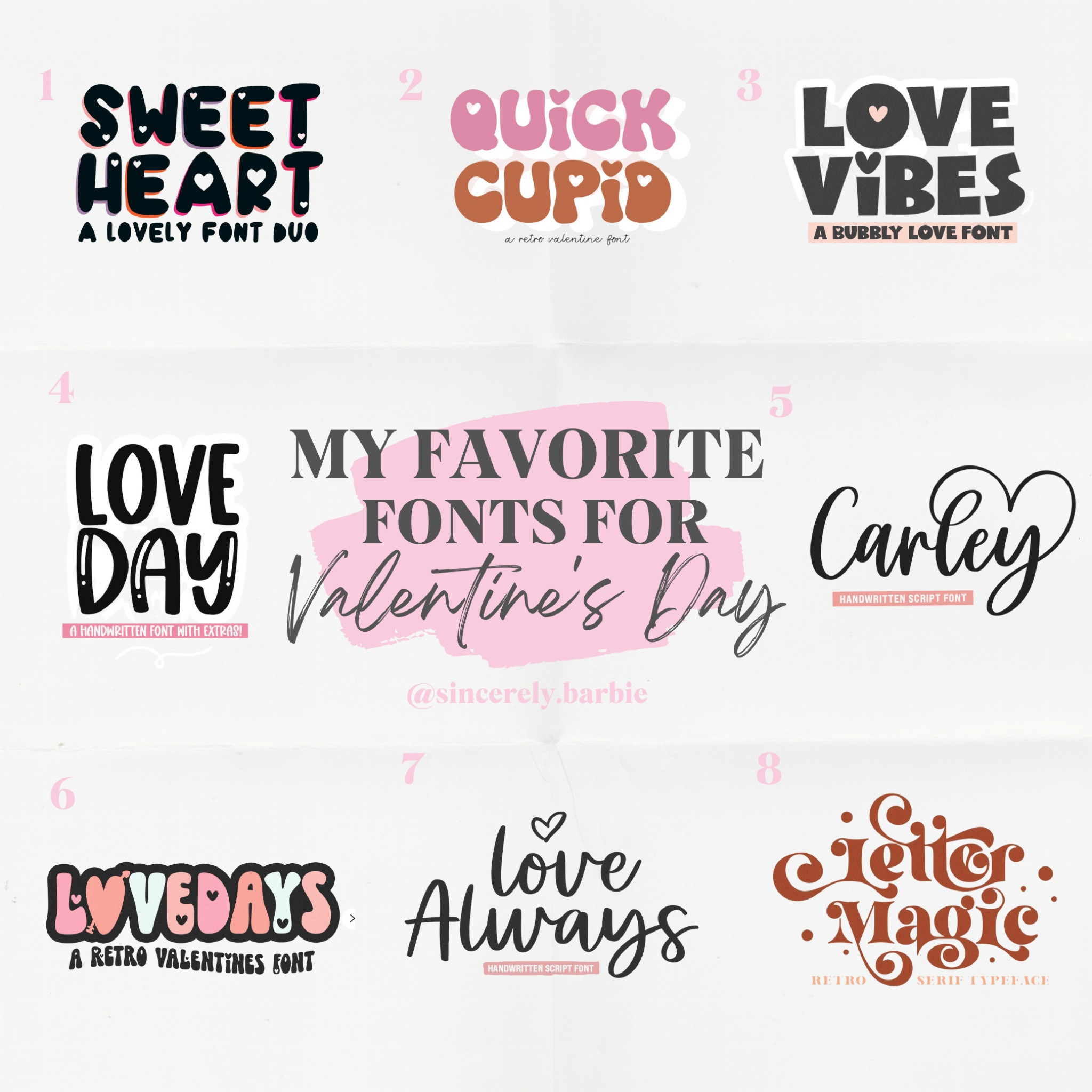 There are so many beautiful fonts out there that it may be hard to choose just one, so! I’ve made a list with my favorite Valentine’s Day fonts that will help you create stunning crafts and products for your business.


#LTKfamily #LTKSeasonal #LTKhome