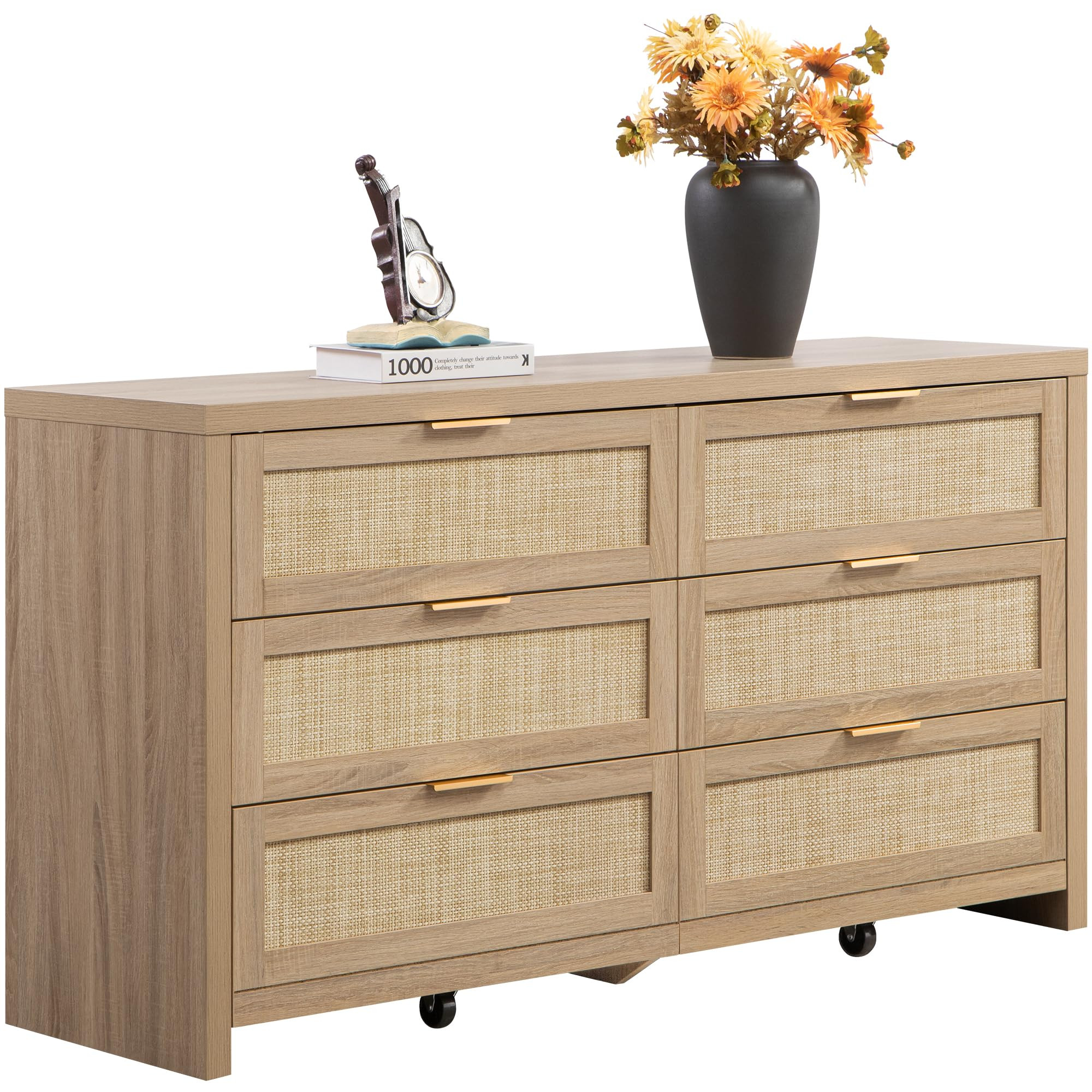 SICOTAS Rattan Dresser for Bedroom, 56.9" Wide 6 Drawer Dresser with Ample Storage, Dressers Larg... | Amazon (US)