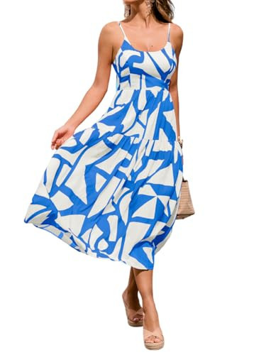 CUPSHE Women's Summer Dresses Spaghetti Strap Tie Back Abstract Tiered Flowy A Line Midi Sundress Vacation Beach Dress Blue, S | Amazon (US)