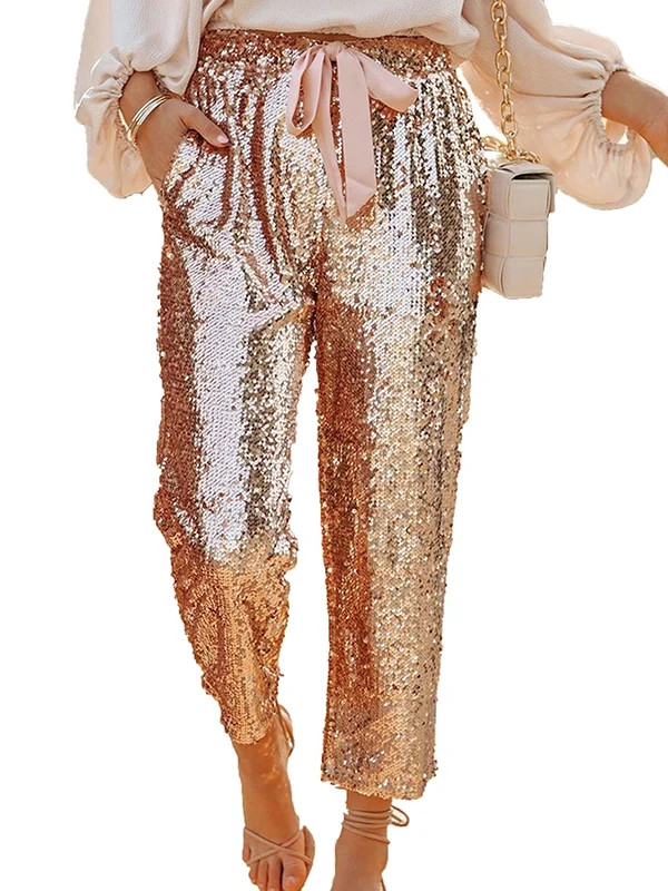 Nananla Womens Chino Pant Fashionable Elastic Waist Sequin Casual Capri Pant | Walmart (US)