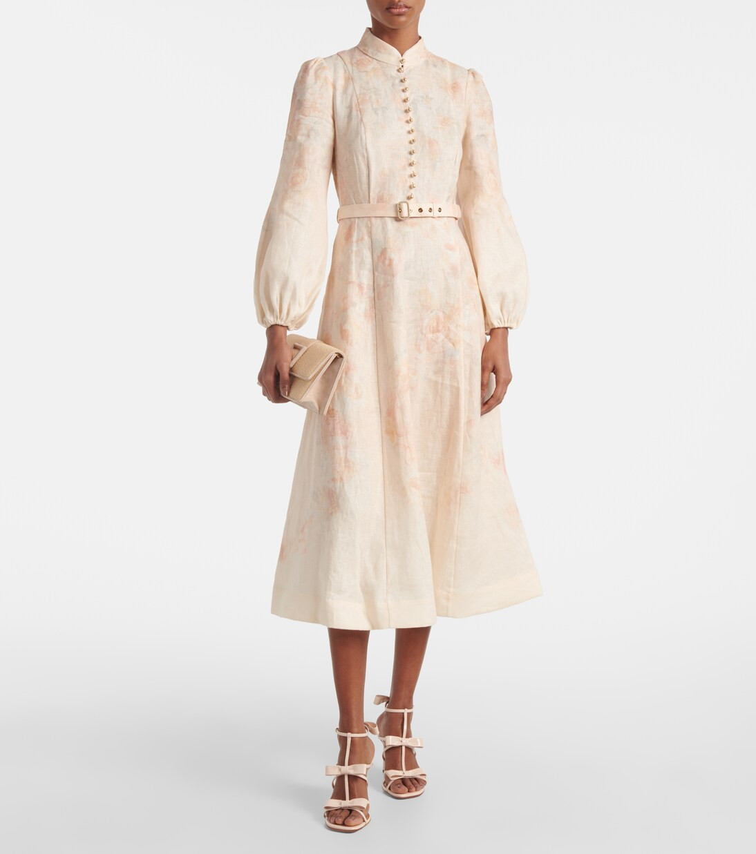 Floral balloon-sleeve linen midi dress | Mytheresa (UK)