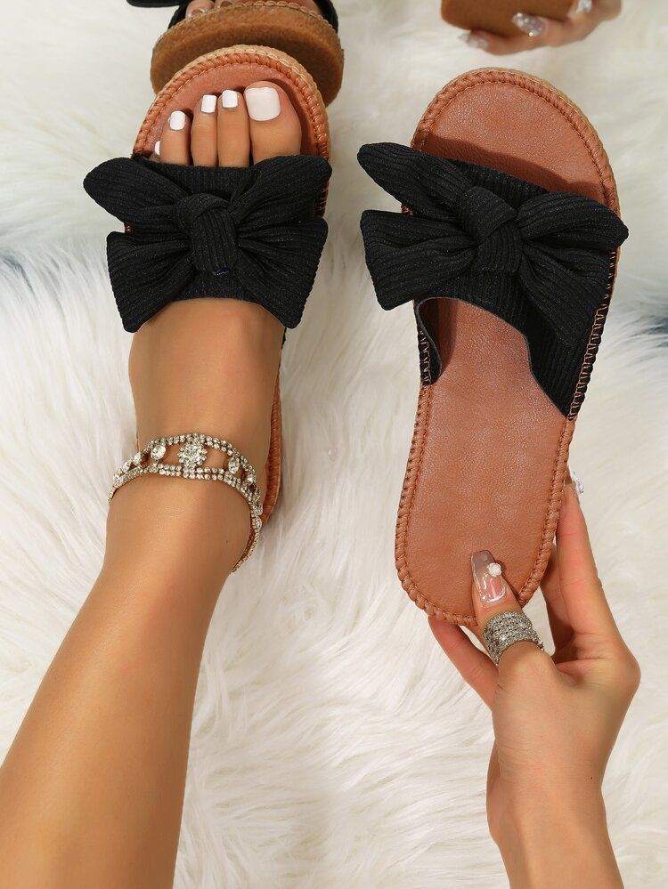 Bow Detail Flat Slide Sandals | SHEIN
