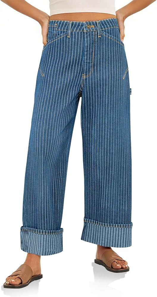Cicy Bell Womens Striped Wide Leg Jeans Baggy Boyfriend High Waisted Cuffed Denim Pants with Pock... | Amazon (US)