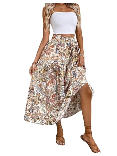 Women's Paisley Maxi Skirt Boho High Waist A Line Belted Flowy Swing Long Skirt | Amazon (US)