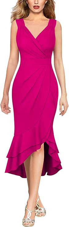 VFSHOW Womens Vintage Ruched Wrap V Neck Cocktail Ruffle Split Mermaid Midi Dress Wedding Guest B... | Amazon (US)