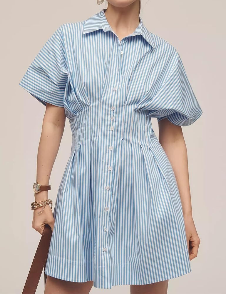 Cynefoa Women Button Down Pleated Shirt Dress Summer Casual Short Sleeve Stripe Blouse Corse Mini Dress(Striped Blue,Small) at Amazon Women\u2019s Clothing store | Amazon (US)