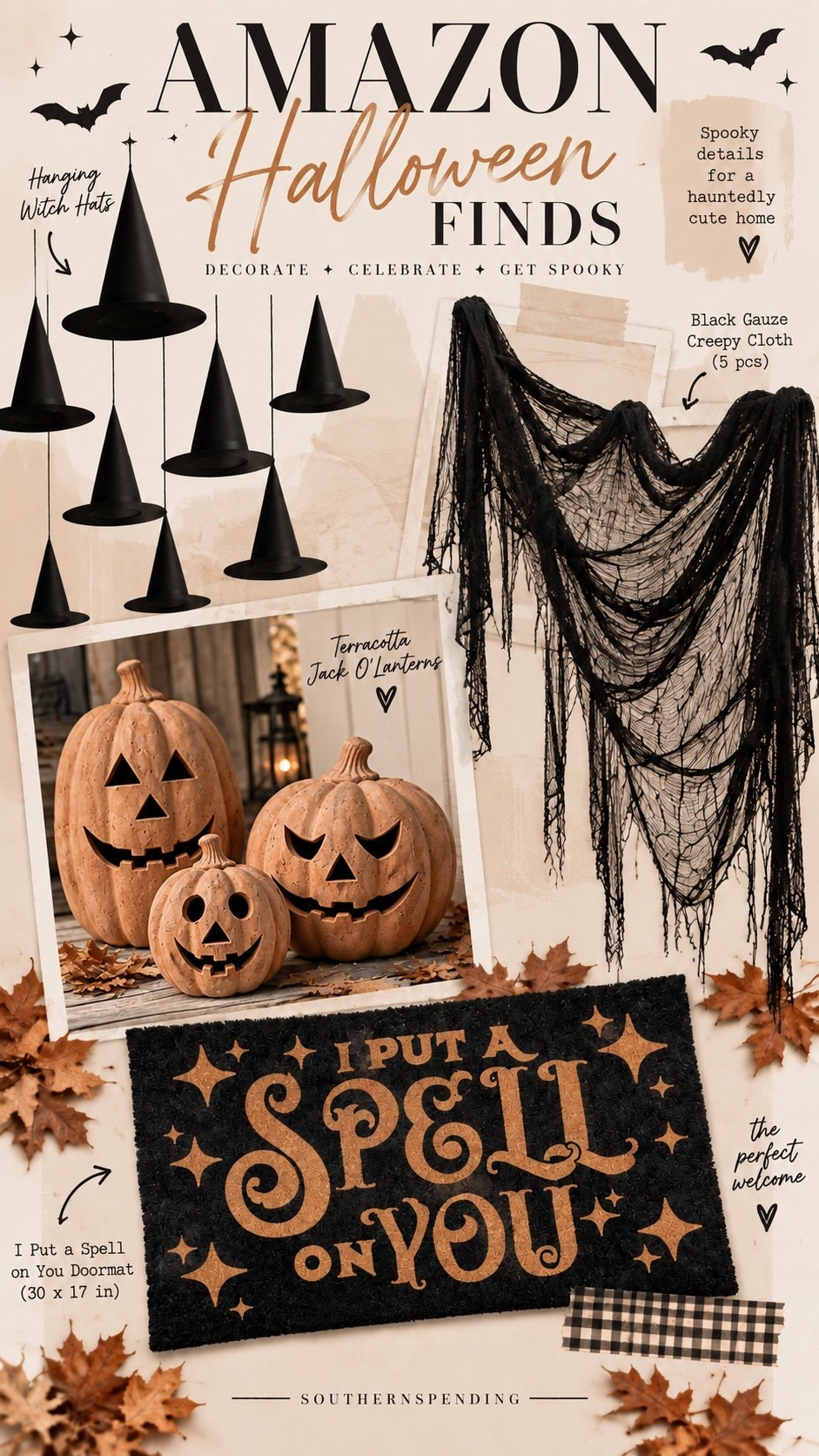 Amazon Halloween porch finds 🎃🖤 Easy pieces to create a spooky, modern farmhouse Halloween entryway!

🧙‍♀️ Hanging witch hats
🕸️ Black creepy cloth & gauze
🎃 Terracotta jack-o’-lanterns
✨ “I Put a Spell on You” doormat

#LTKSeasonal #LTKHome