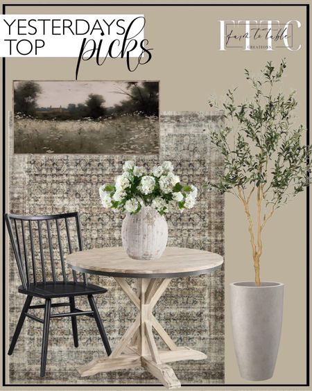 Yesterday’s Top Picks. Follow @farmtotablecreations on Instagram for more inspiration.

Picket House Furnishings Keaton Round Standard Height Dining Table. Black Talia Dining Chair. Amber Lewis x Loloi Morgan Navy / Sand Area Rug feat. CloudPile. Weathered Handcrafted Vase. Pottery Barn Vase. Moody Field of Lace Canvas Printed Sign. 25" Faux Snowball Flower in Cream/Green, Real Touch Flowers, Faux Botanicals, DIY Floral. Realead Faux Olive Tree 7ft - Realistic Tall Silk Olive Trees Artificial. Kante 23.6" H Weathered Concrete Finish Concrete Tall Planters Large Outdoor Indoor Decorative Planter Pot. Dining Room. Breakfast Nook. Wall Decor. Floral Centerpiece. 





#LTKfindsunder50 #LTKsalealert #LTKhome