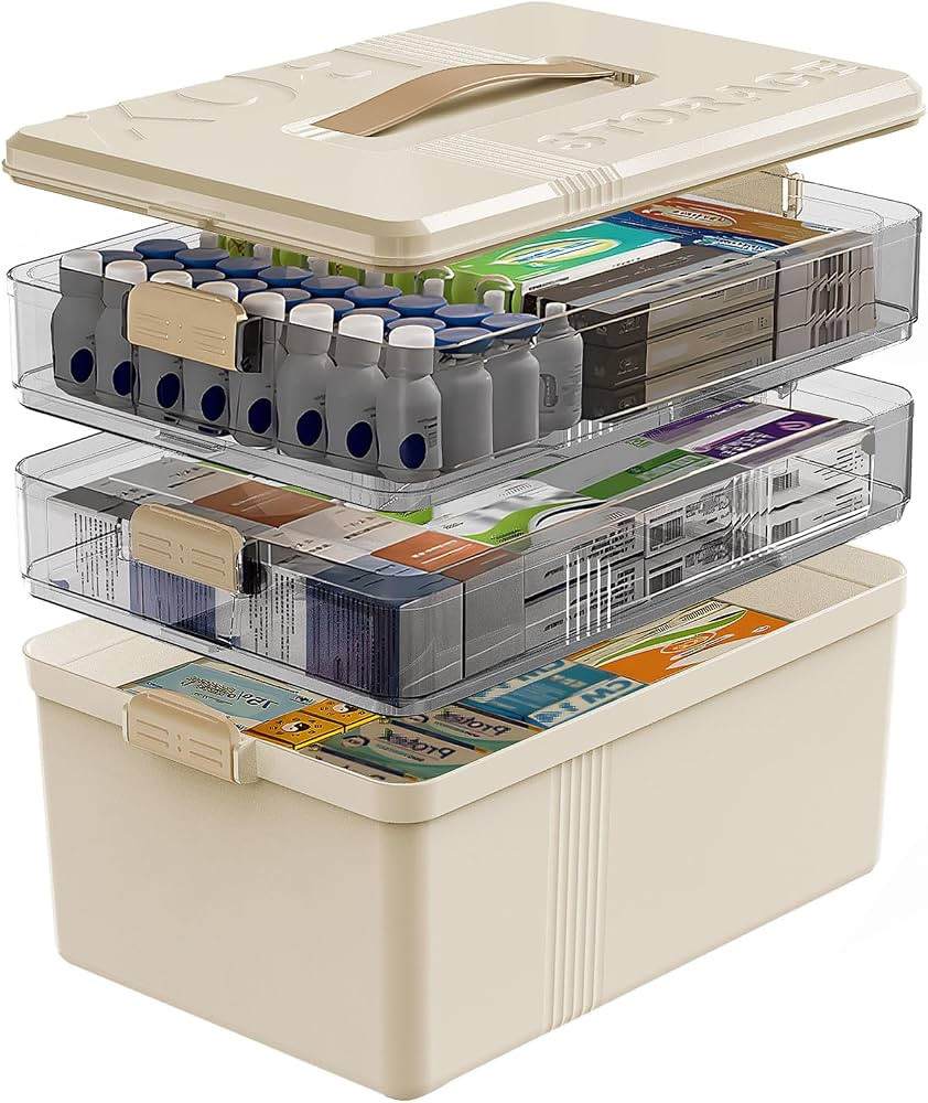 3 Tier Medicine Cabinet Organizer Large Capacity Medicine Box with Handle, Plastic First Aid Box ... | Amazon (US)