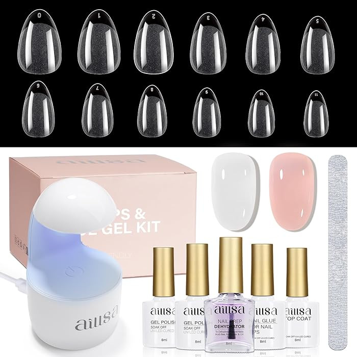 AILLSA Gel Nail Kit Short Almond Nail Tips 240pcs with 2 In 1 Nail Glue Base Coat and Nail Dehydr... | Amazon (US)