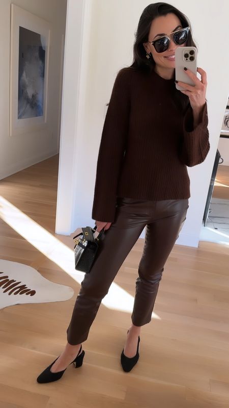 Kat Jamieson shares her favorite faux leather pants on sale for $35! And cashmere brown sweater with Chanel slingback pumps. Fall outfit, winter outfit, workwear. 

#LTKVideo #LTKworkwear #LTKSeasonal