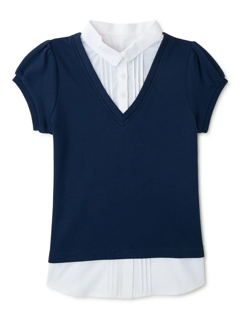 Wonder Nation Girls School Uniform V-Neck Sweater with Blouse Inset, Sizes 4-18 - Walmart.com | Walmart (US)