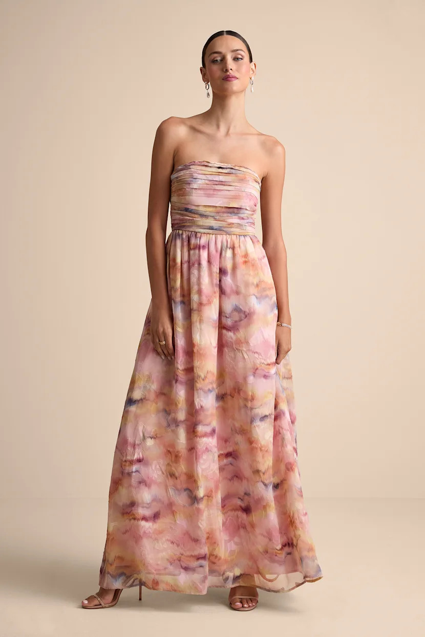 Mykala Light Pink Abstract Pleated Strapless Maxi Dress | Lulus