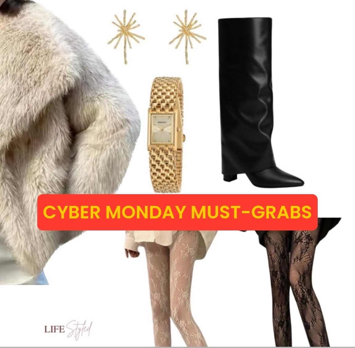 CYBER MONDAY STEAL! ❤️‍🔥 Holiday glam turned all the way up ✨ From black gold over boots to a luxe faux fur coat — every detail sparkles. Lace pantyhose, fireworks studs, and golden timepiece perfection 🖤

#LTKStyleTip  #LTKHoliday

#LTKCyberWeek