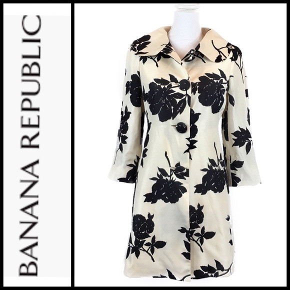 Banana Republic Silk Ivory/Black Floral Coat Sz XS | Poshmark