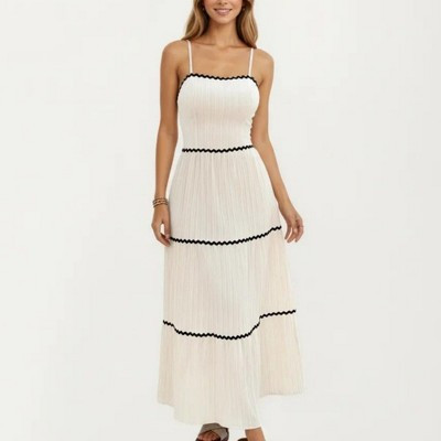 Anna-Kaci Women's Sleeveless Pleated Maxi Dress with Spaghetti Straps Contrast Trim Detail and Flowy Tiered Silhouette - X Large, Light Beige | Target