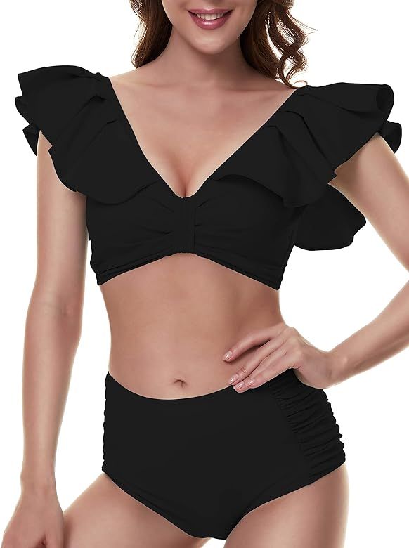 Peddney Flounce High Waisted Bikini Swimsuit for Women V Neck Ruffle Bikini Swimsuit | Amazon (US)