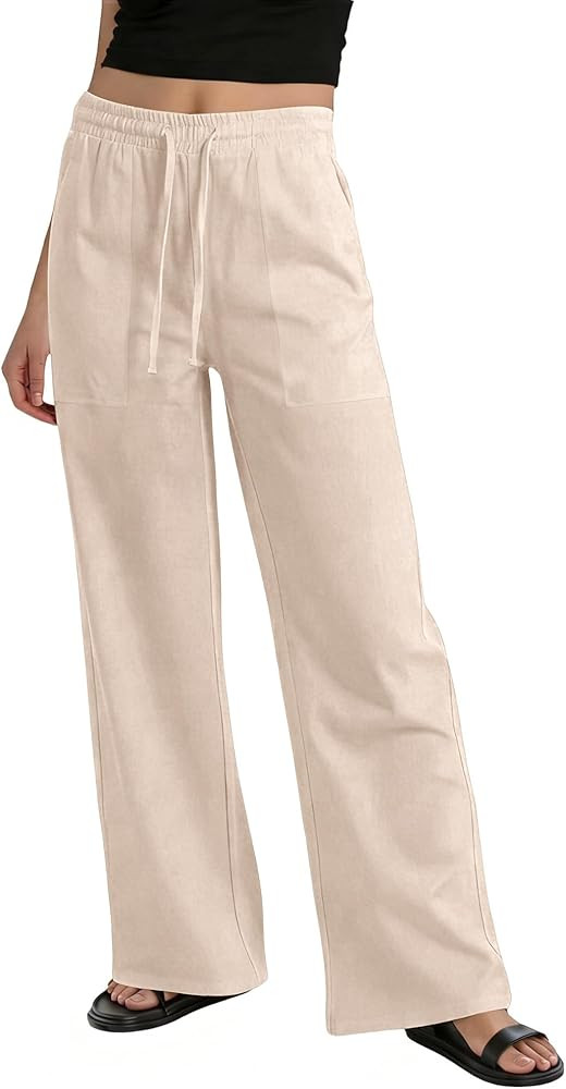 keriffe Womens Linen Casual Pants Wide Leg Summer Beach Palazzo Trousers with Pockets | Amazon (US)