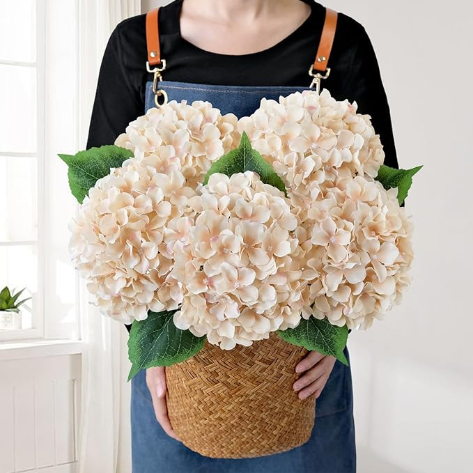 5Pcs Silk Hydrangea Artificial Flowers, 20Inch Light Coffee Boho Large Lifelike Flowers, Porch Ha... | Amazon (US)