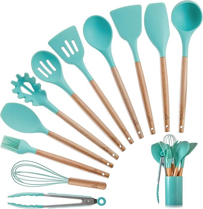 Silicone Kitchen Cooking Utensils Set with Wooden Bamboo Handles (11 Piece) | BONUS Cup | Durable... | Amazon (US)