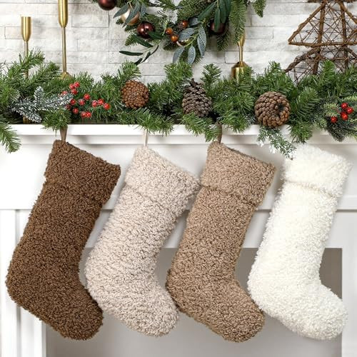 4 Pcs Christmas Sherpa Fabric Stockings Faux Fur Socks Christmas Fireplace Hanging Socks for Holi... | Amazon (US)