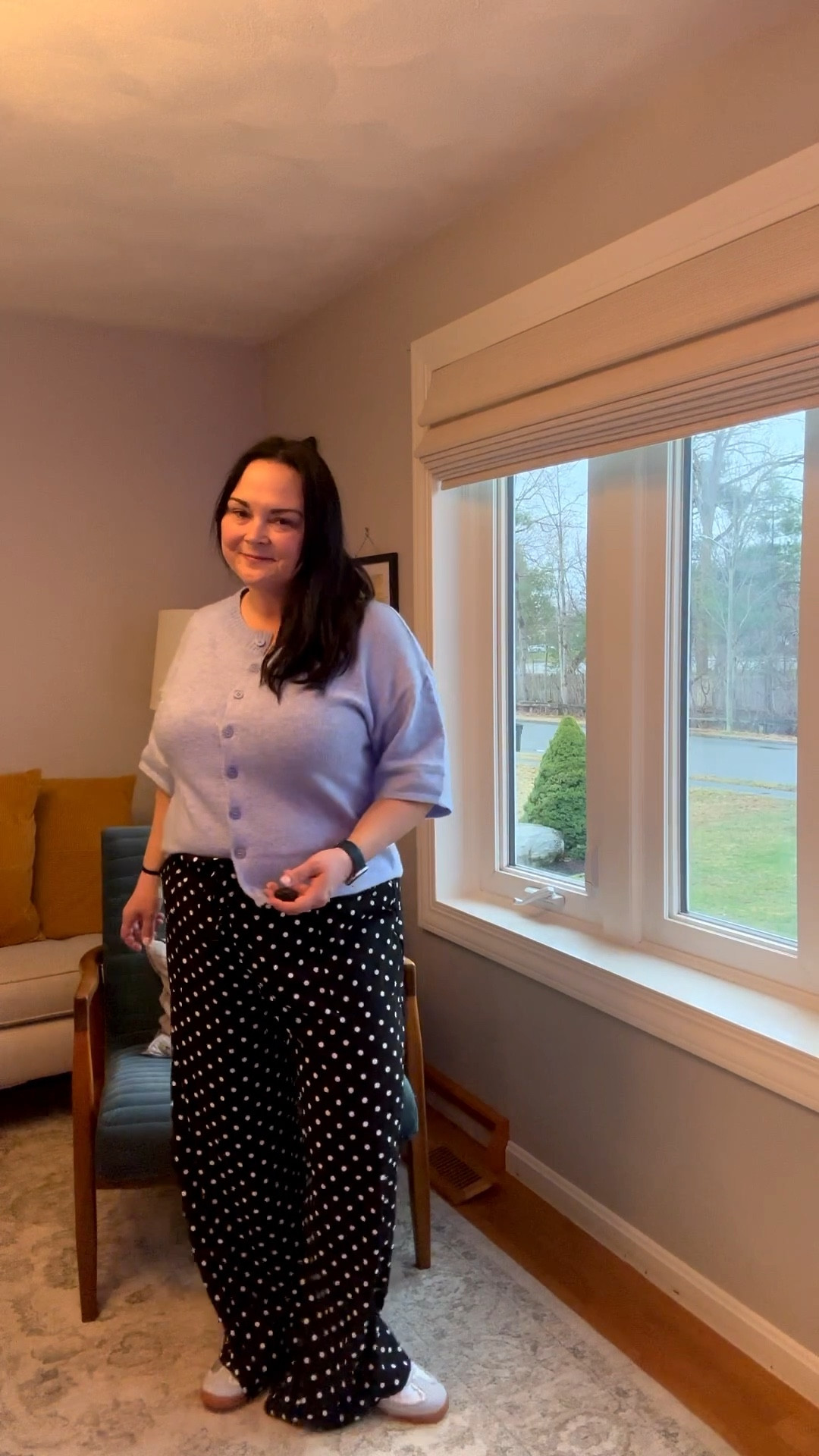 Casual midsize ootd with true to size polka dot wide leg pants and a soft knit short sleeve cardigan. This comfortable outfit is easy, flattering, and perfect for real life. The printed flowy pants add interest while the cardigan keeps the outfit soft, simple, and put together. A great everyday outfit formula for midsize women who want comfort without sacrificing style.

#LTKOver40 #LTKMidsize #LTKWorkwear