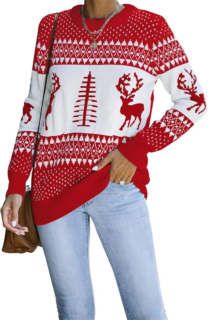 LookbookStore Women Ugly Christmas Tree Reindeer Holiday Knit Sweater Pullover | Amazon (US)